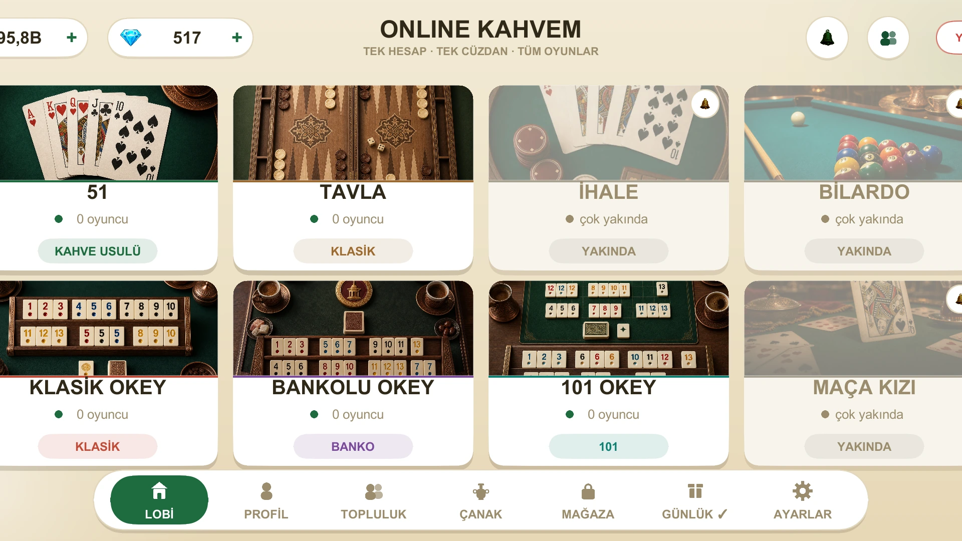 OK Sosyal Oyun Platformu ana menüsü: 51, Tavla, Klasik Okey, Bankolu Okey ve 101 Okey oyun kartları