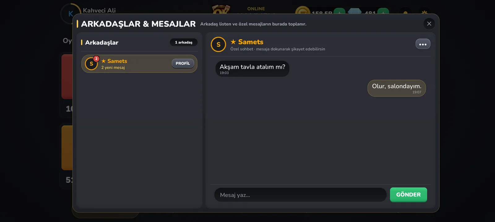 Arkadaşlar ve mesajlar ekranı