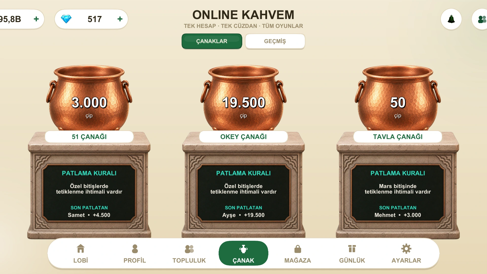 Çanak ekranı: 51, Okey ve Tavla çanaklarında biriken ödül miktarları