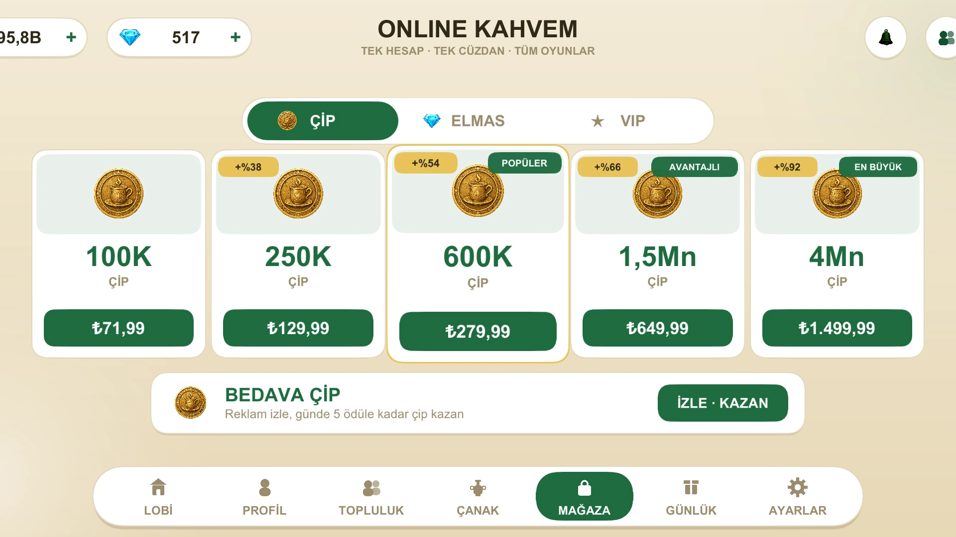 Mağaza ekranı: çip paketleri, elmas ve VIP sekmeleri