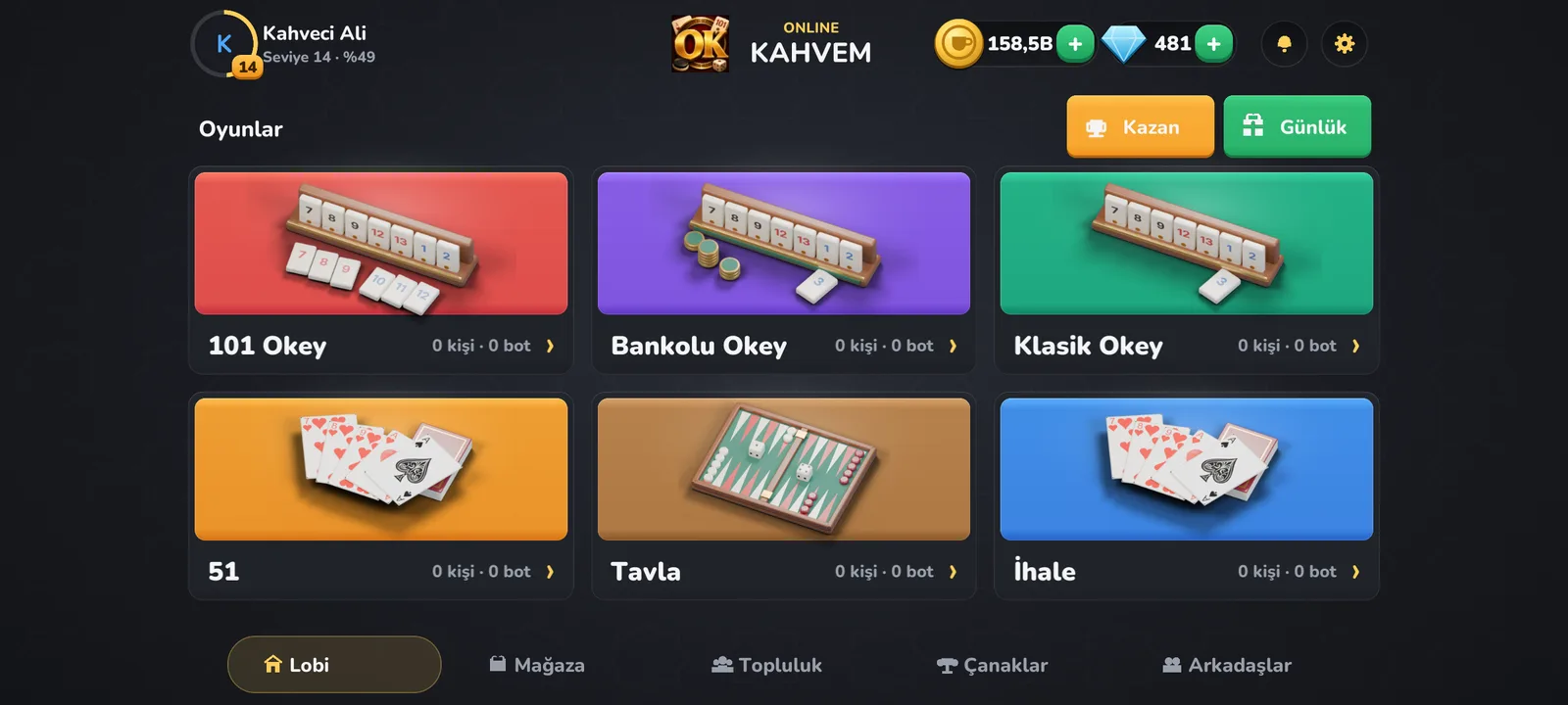 Online Kahvem ana menüsünde altı oyun