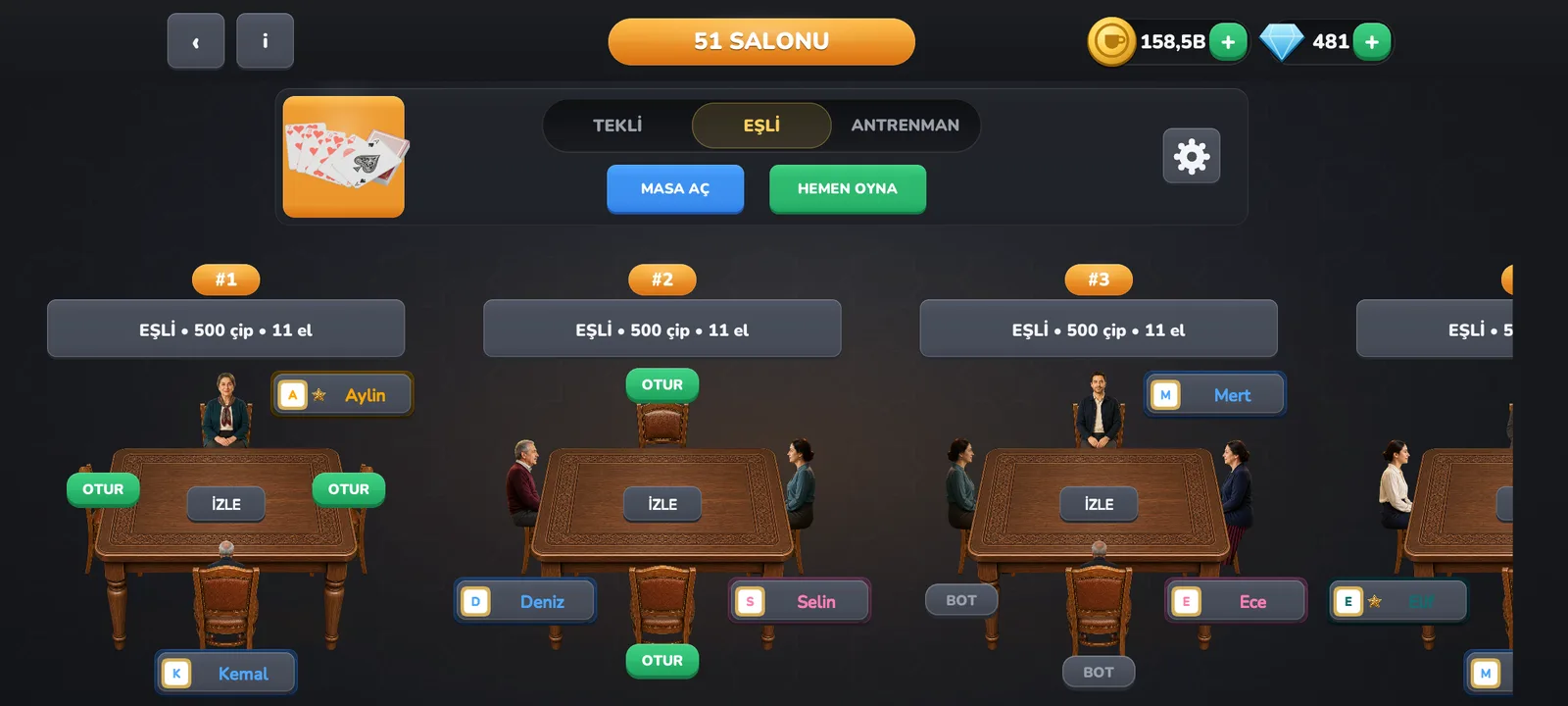 51 salonunda masalar ve oturan oyuncular