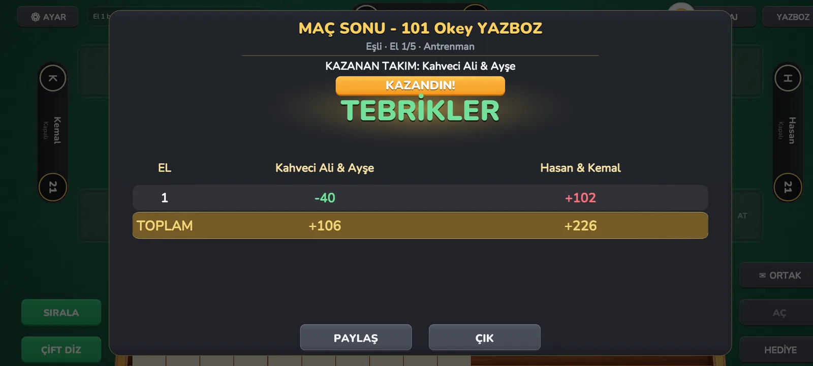 101 Okey maç sonu yazboz tablosu